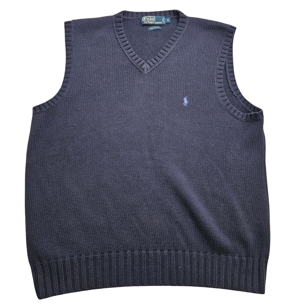 Polo Ralph Lauren Sweater Vest Mens M Navy Blue V-Neck Cotton Knit Pony Logo *